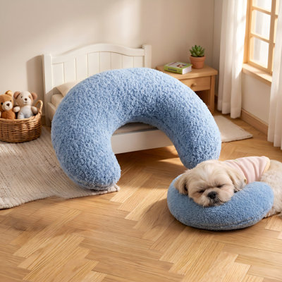 U-Shaped Calming Pillow Designed for Cats and Dogs, Constructed from Ultra-Soft Plush Fabric, Provides Cozy Headrest and Neck Support for Deep Sleep, Suitable as Kitten Headrest and Pet Bed, Blue Shade