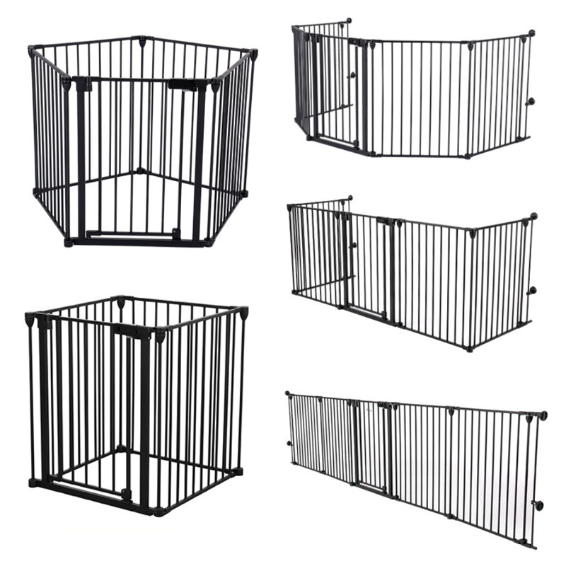 Barrière pour animaux 5 panneaux en métal avec porte, Noir, noir, noir, noir