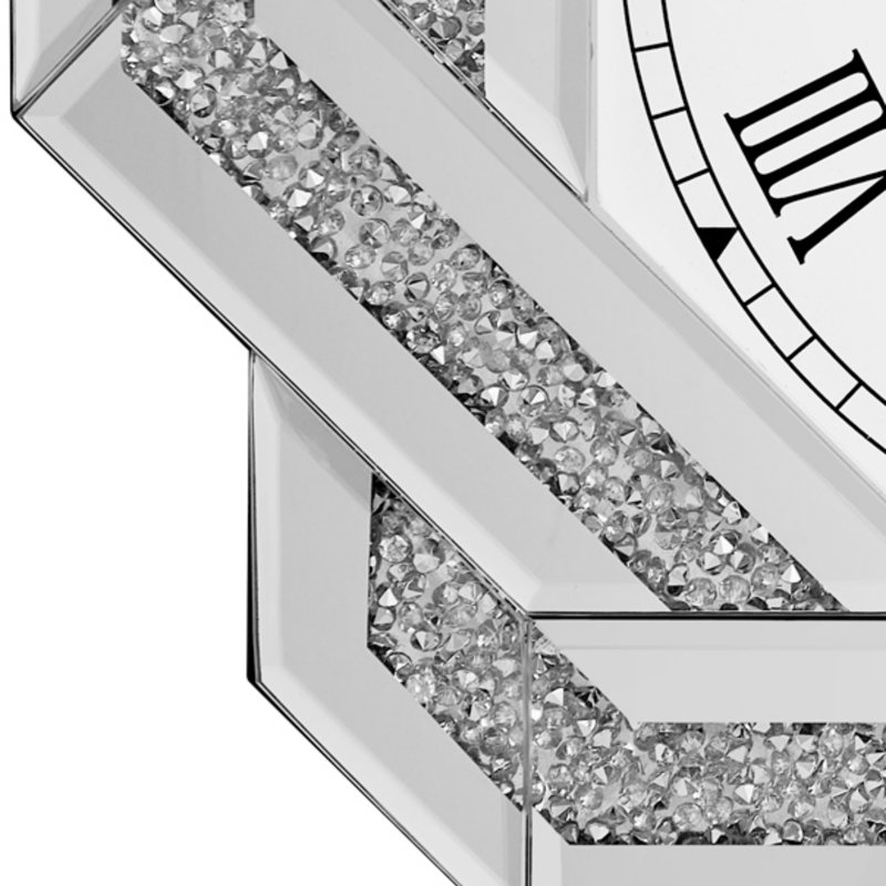 Horloge murale argentée à miroir, chiffres romains en diamants concassés, grande horloge murale Art déco élégante avec cadre en verre biseauté, idéale pour le salon, la chambre à coucher, la salle à manger et la décoration murale.