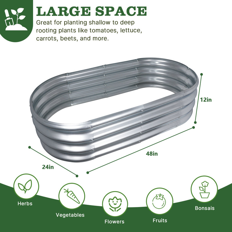 1 Pack 4*2*1Ft Raised Garden Bed Kits, Outdoor Oval Metal Galvanized Ground Planter Garden Boxes For Planting Plants Vegetables