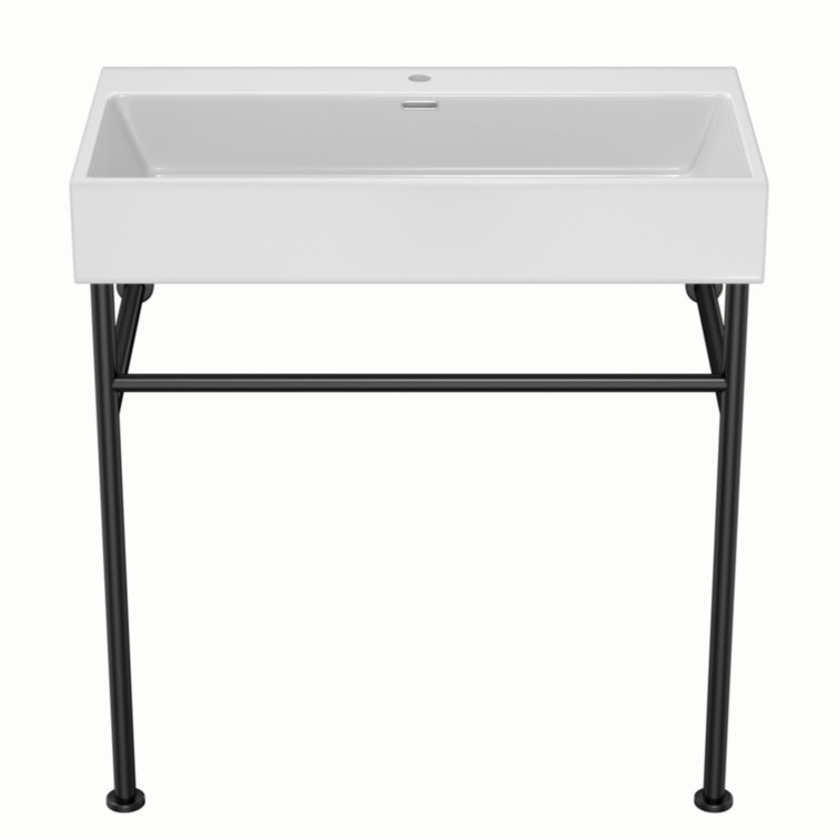 30" Bathroom Console Sink With Overflow,Ceramic Console Sink White Basin Black Legs