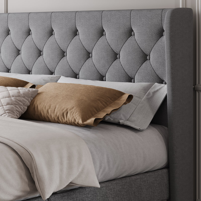 Bertillo Tufted Upholstered Low Profile Platform Bed with Wingbacks, Gray, King