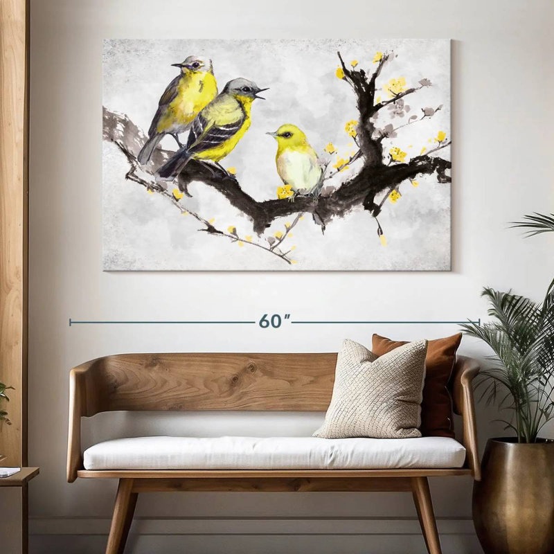 Canaris sur une branche sur toile, H 34 po x l 51 po x P 1,25 po