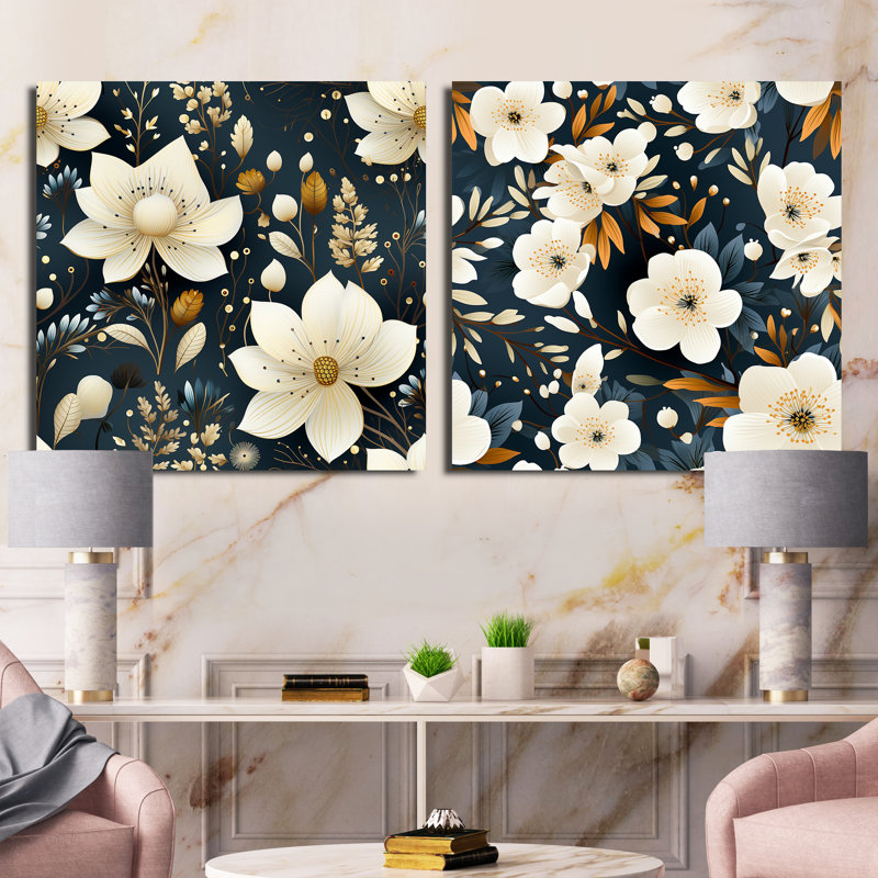 Imane - Ensemble de 2 collages carrés floraux, H 16 po x l 33 po, Toile tendue