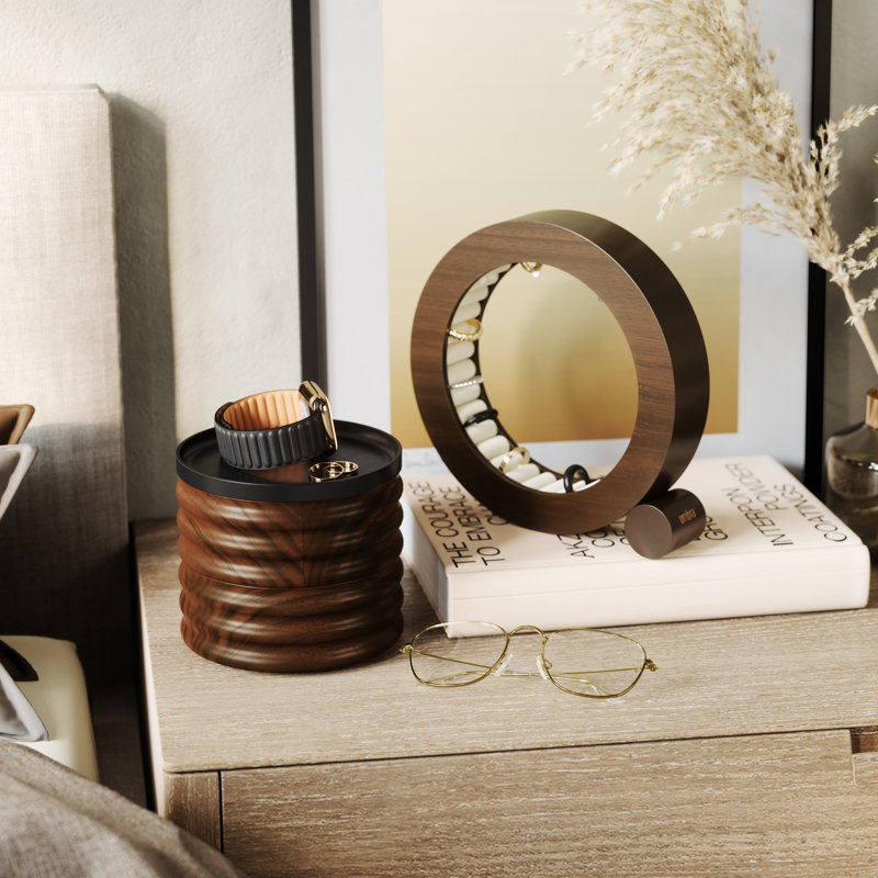 Walnut Wood Circular Jewelry Organizer with Velvet Padding