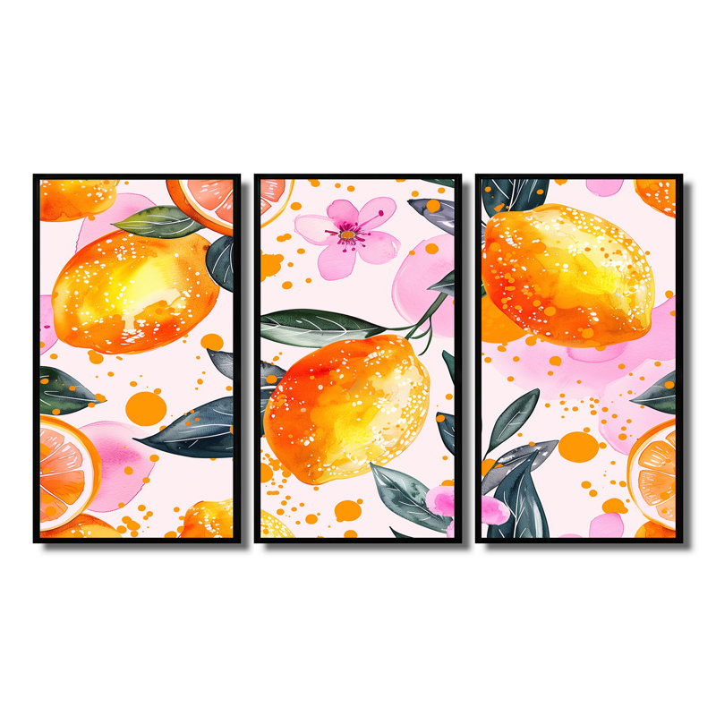 Ensemble de décorations murales jaune et rose, H 28 po x l 36 po, Cadre flottant noir