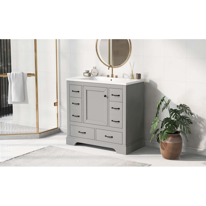 Ensemble de meuble-lavabo 36 po avec évier, six tiroirs, diviseur de tiroir multifonctionnel, tablette réglable, Gris