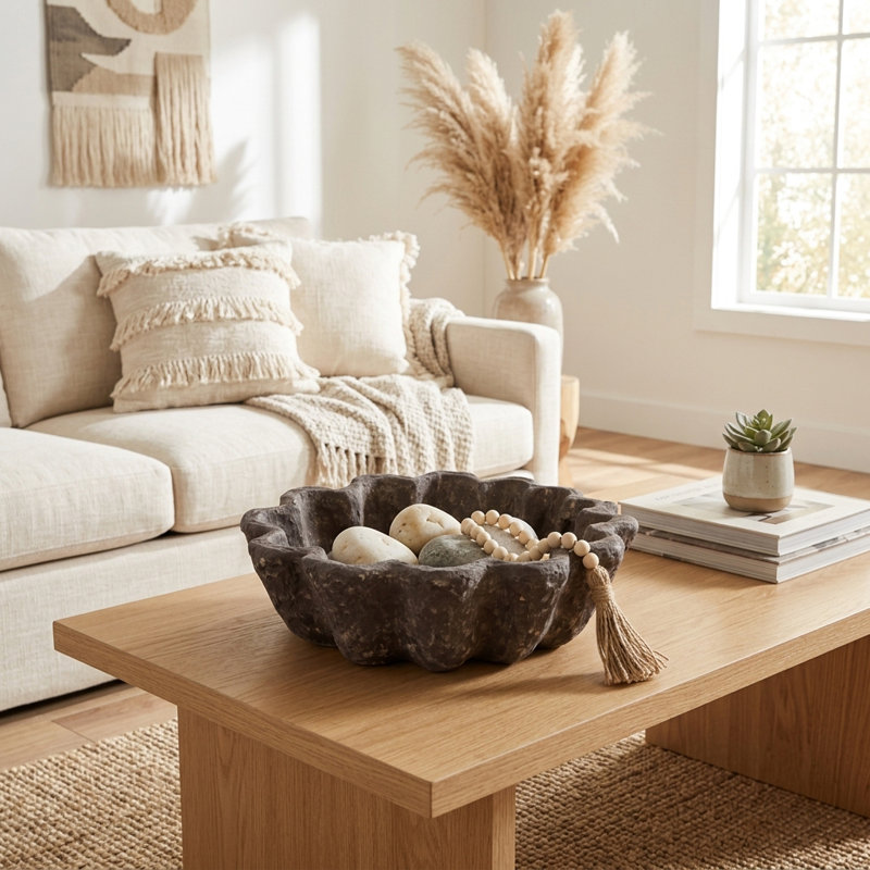 Bol décoratif côtelé en papier mâché pour la décoration intérieure - Bol d'appoint moderne pour la chambre, la console et le salon - 30 cm