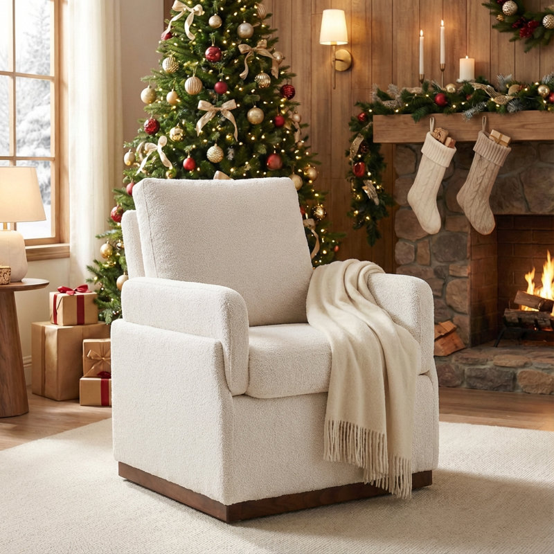 Boucle  Upholstered Accent Chair Full Back Armchair With Solid Wood Base, Beige