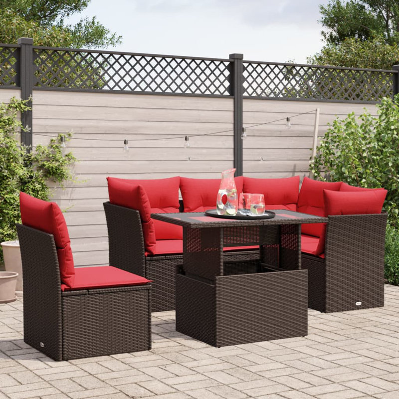 Ensemble de canapé de patio 6 pièces avec coussins en rotin de polyester, Rouge, Brun