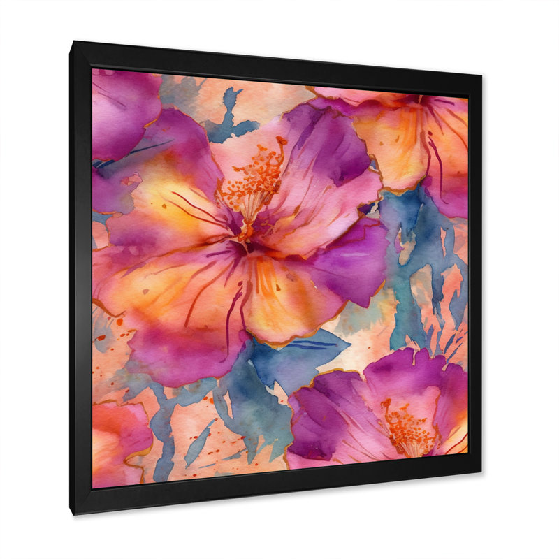 Ronalie, fleurs d'hibiscus mauve et orange sur toile, Cadre photo noir, H 24 po x l 24 po x P 1 po