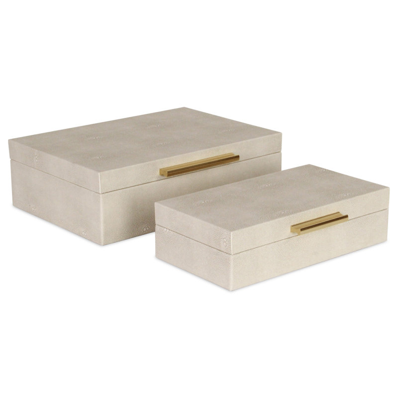RebekaSet of 2 Rectangular Nesting Decorative Storage Boxes, Modern Embossed Finish - Cream Faux Shagreen, Cream