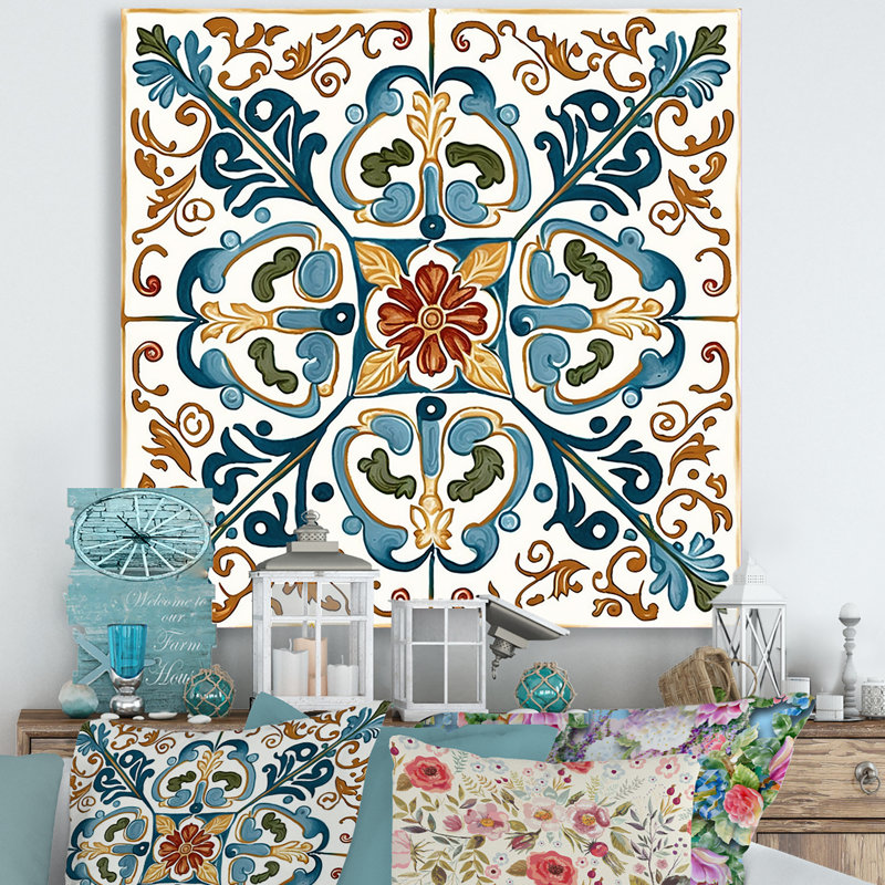 Carrelage méditerranéen rétro bleu VI - art mural abstrait, L 16 po x H 16 po, Toile tendue
