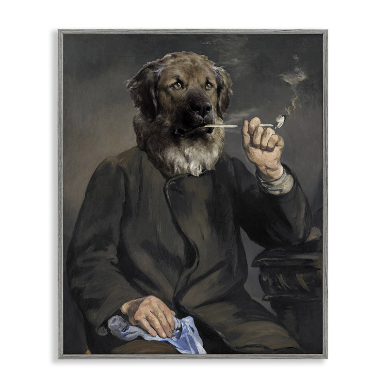  Smoking Historical Dog Grey Framed Giclee Art by Alicia Longley, Estampe numérique Farmhouse, H 30 po x l 24 po