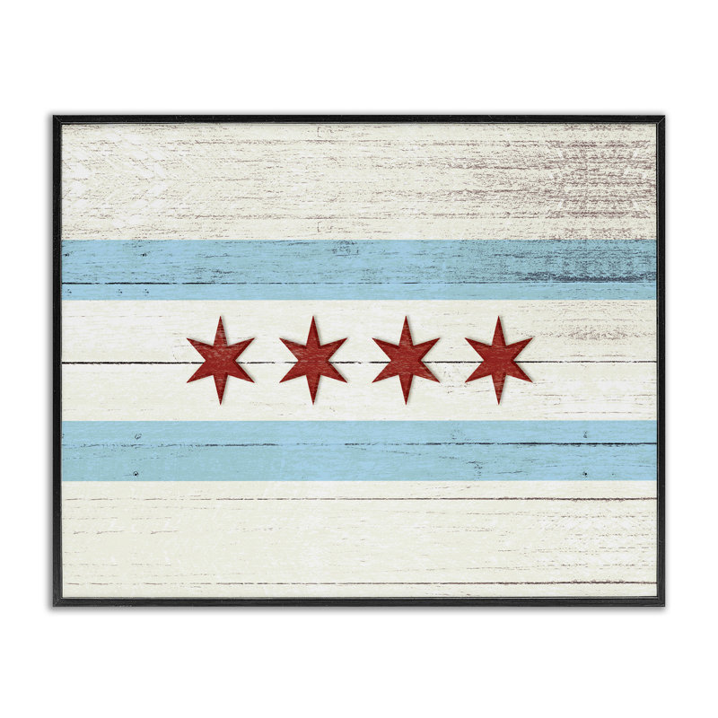 «Chicago Flag Distress Wood Look», impression, H 16 po x l 20 po, Giclée encadrée noir minuit