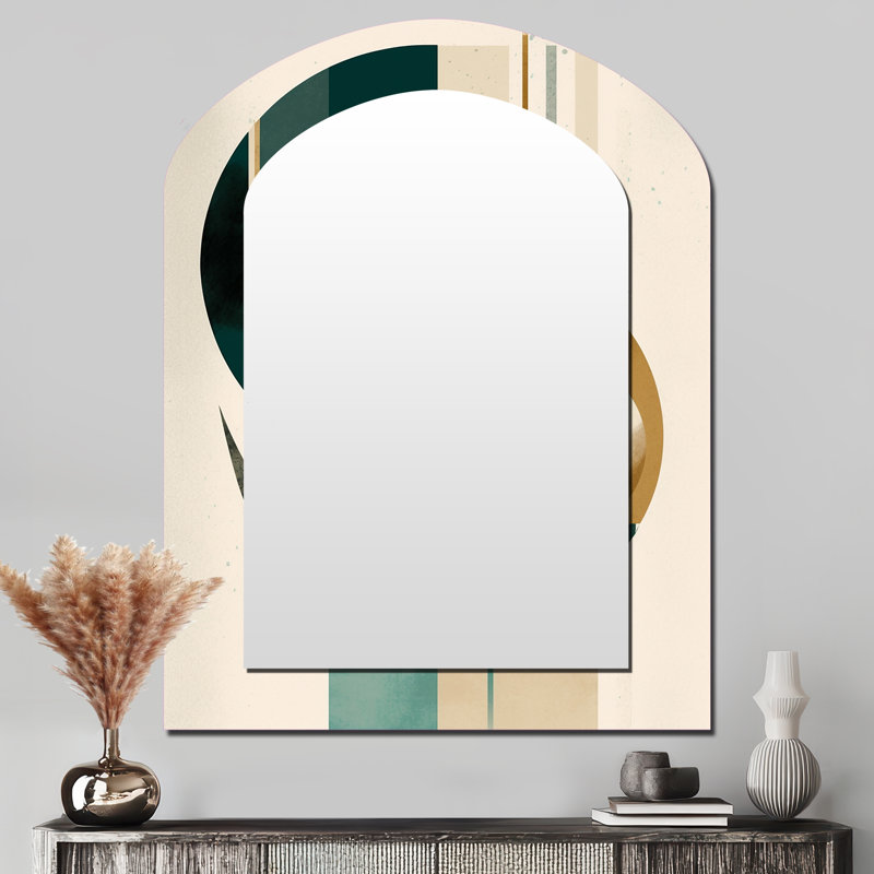 Glorieux pleine lune rétro or et bleu sarcelle abstrait - miroir mural asymétrique géométrique, miroir décoratif arche moderne, impression d'art en métal