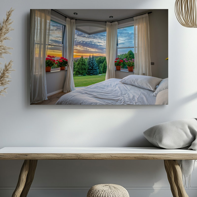 Toile une scène de chambre à coucher sereine avec de grandes fenêtres ouvertes encadrées par de doux rideaux blancs transparents révélant un art mural sur toile à couper le souffle