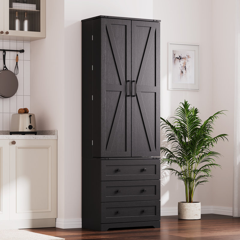 72" Black Tall Kitchen Pantry Cabinet Wood Freestanding Storage Cabinet with 2 Doors & 3 Drawers & Adjustable Shelves Utility Cupboard for Kitchen Dining Room Living Room