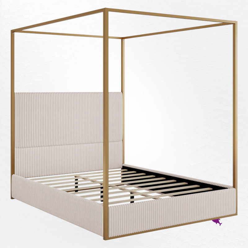 Upholstered Metal Canopy Bed, Queen, Beige/Gold