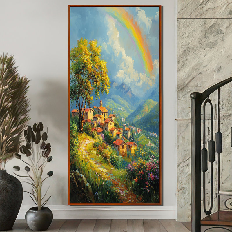 Rainbow Over The Hillside Village II - art mural arc-en-ciel, H 60 po x l 28 po, Reproduction avec cadre flottant, Brun