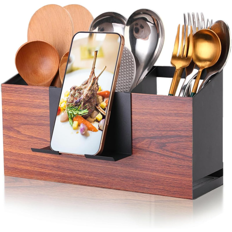 Utensil Holder Large Iron Flatware Container with 3 Compartments,Black