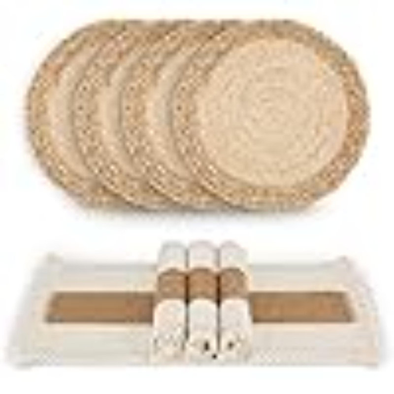 Handmade Boho Placemats Set Of 4 - Natural Cotton Burlap And Water Straw Woven Combination Table Mats, Macrame Décor And Farmhouse Style Placemats, For Dining Table Kitchen