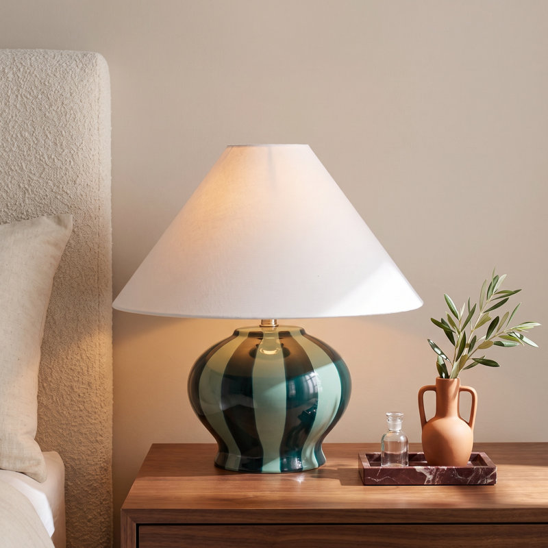 Leifsson Ceramic Table Lamp with Linen Bell Shade, Dark Green/Black