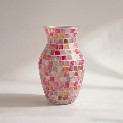 Handcrafted Mosaic Glass Flower Vase — Pink Iridescent Tile Art Vase for Home Décor | Bohemian Centerpiece for Living Room, Table & Shelf