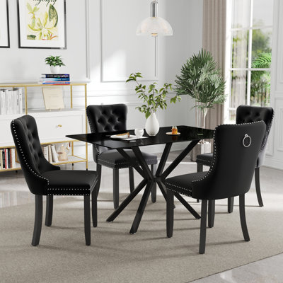 Modern Rectangle Tempered Glass Pedestal Dining Set with Velvet Tufted Dininig Chair