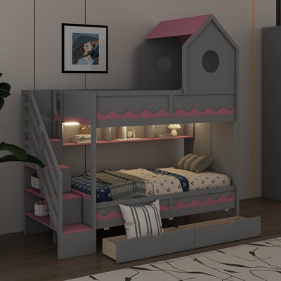 Twin Over Twin House Bunk Bed With Storage Drawers & Shelves, Wood Bunk Bed With Storage Staircase & LED