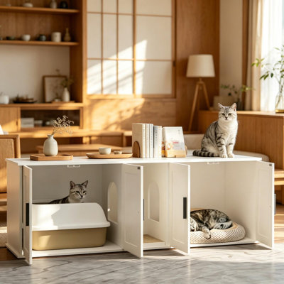 57" White Double Cat Litter Box Enclosure, Hidden Litter Furniture TV Stand for Two Cats with Scratching Mat