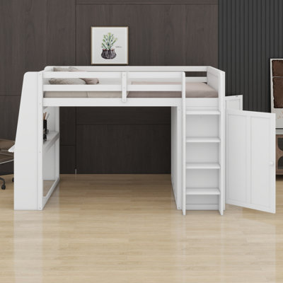 Lit mezzanine multifonctionnel, bureau d'écriture intégré, lumières DEL, tablettes de rangement, garde-robe à double porte