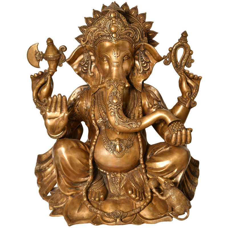 29" Large Chaturbhuja Lord Ganesha Brass Statue - Handcrafted Four-Armed Hindu Deity Sculpture for Temple Home Decor