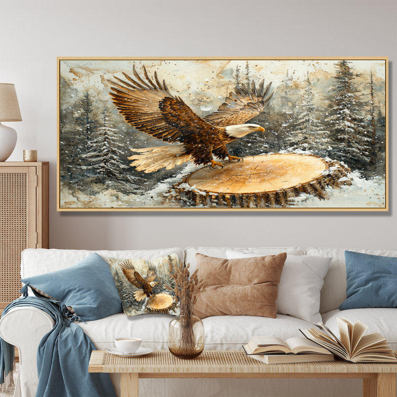 Aigle, vol du chasseur en hiver II - aigle, art mural, H 28 po x l 60 po, Cadre flottant, Argent argent