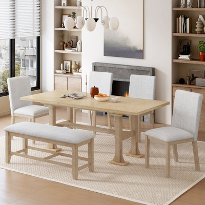 6-Piece Extendable Dining Table Set with Removable Leaf and Upholstered Dining Chair and Bench