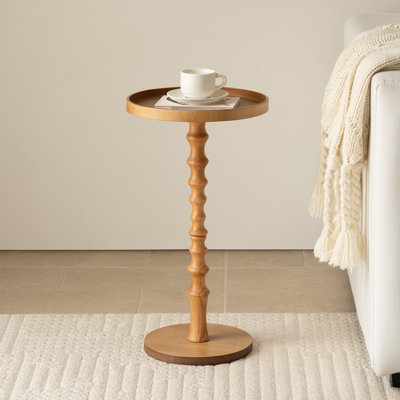 12" Round Pedestal Side Table with Tray-Style Top, Solid Pine Wood End Table, Oak Wood