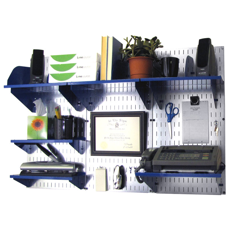 Metal Wall Organizer, Galvanized/Blue Shelf and Divider