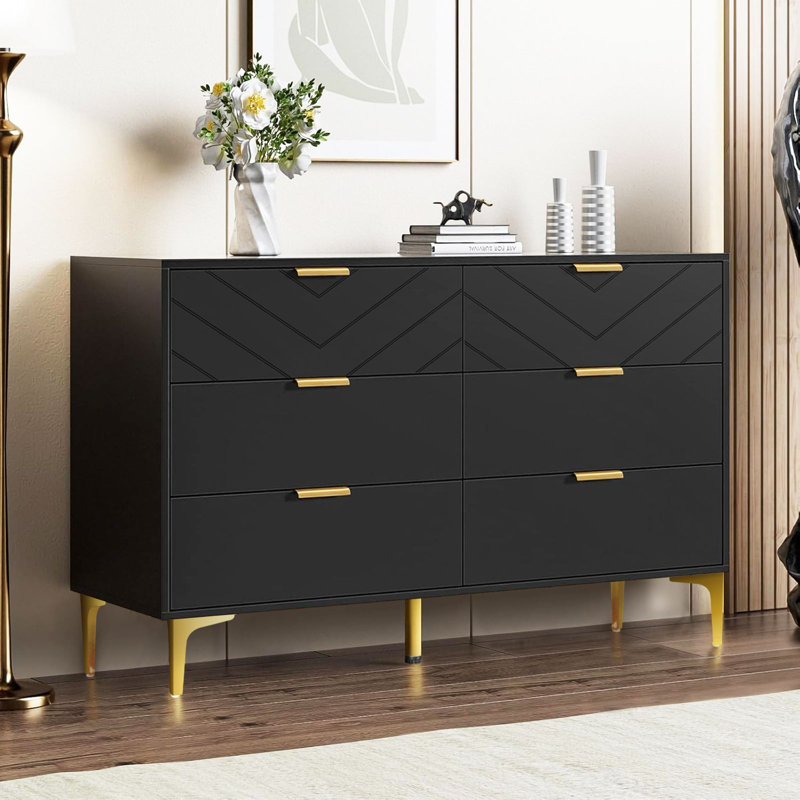 Commode double 6 tiroirs moderne noire, Noir, noir, noir, noir
