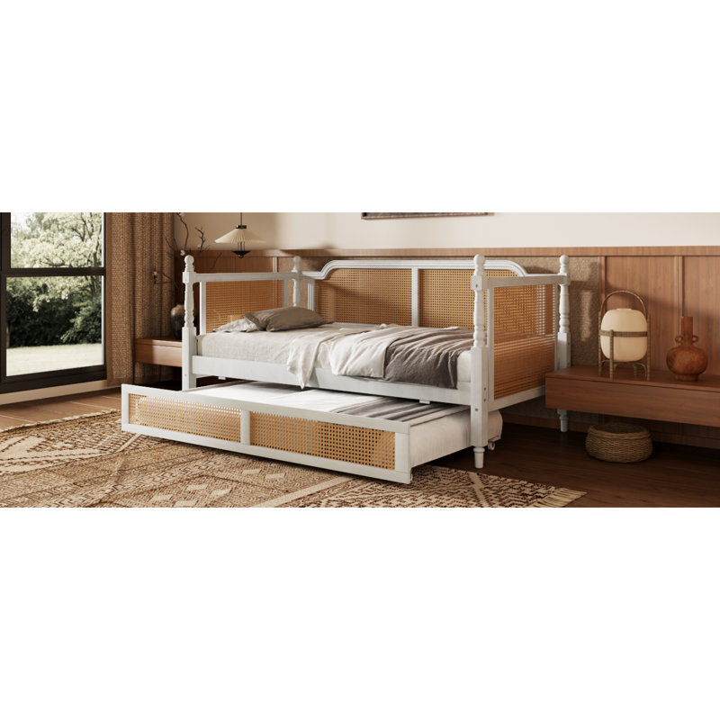 Lit de jour simple en rotin de style traditionnel avec lit gigogne simple pour un espace limité, chambre d'amis, aucun sommier nécessaire, blanc antique