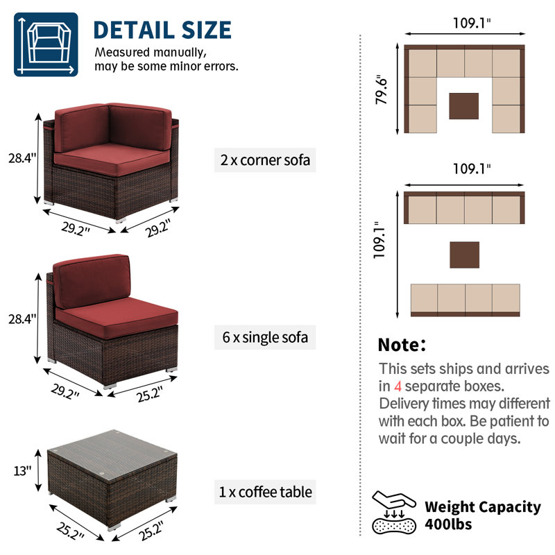 Keolani Wicker 8 - Person Modular Patio Conversation Set with Cushions, Wine Red