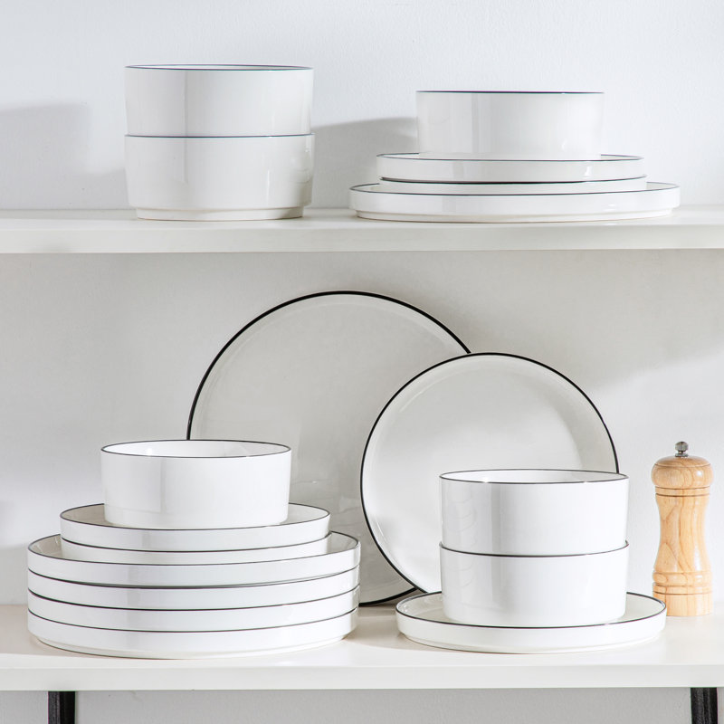 18 Piece Porcelain China Dinnerware Set - Service for 6, Black/White