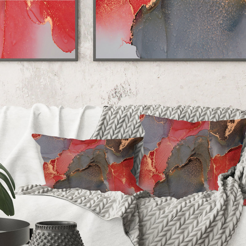 Gris et rouge, art abstrait fluide de luxe - coussin décoratif imprimé moderne, 18 po x 18 po