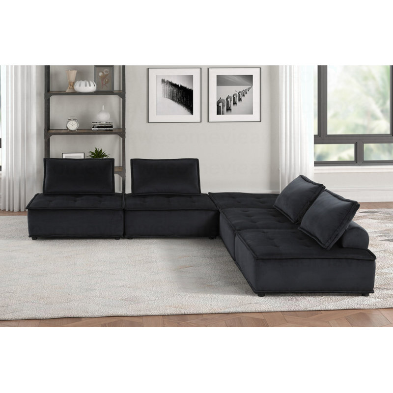 Canapé modulaire moderne en velours noir 5 pièces, Velours gris foncé, 29 po H × 160 po L × 80 po P