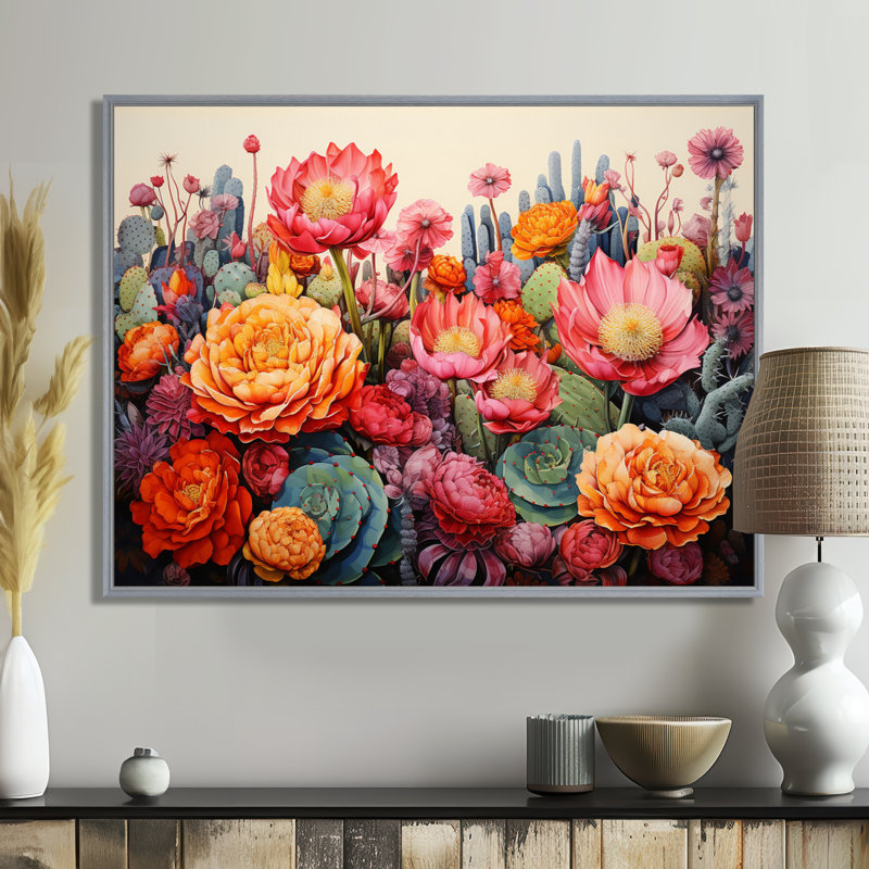 Désert cactus jardin IV - art mural désert, H 30 po x l 40 po x P 1,5 po, Encadrement argenté