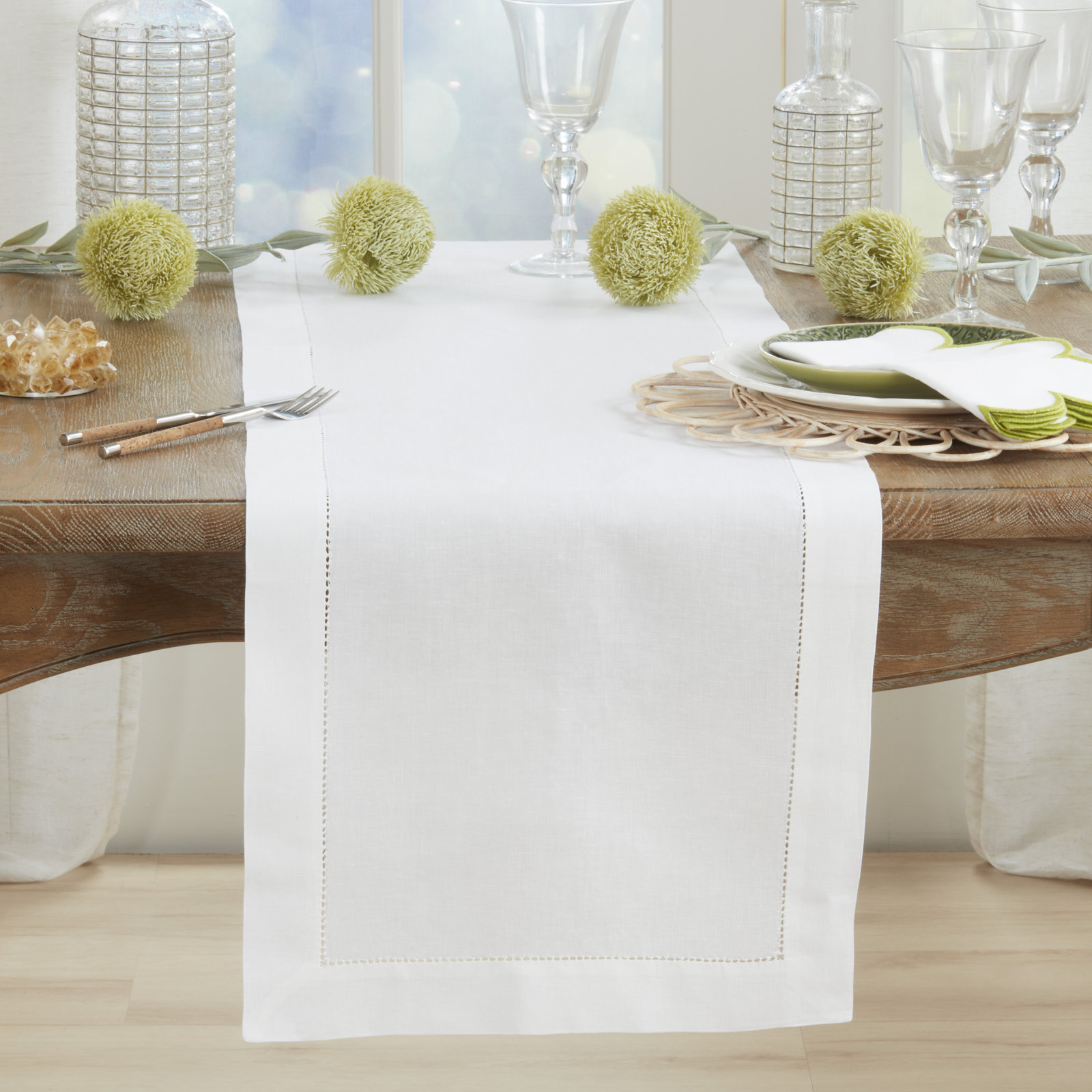 Linen Blend Table Runner – Classic Hemstitch Decorative Table Runner for Dining Tables, 54