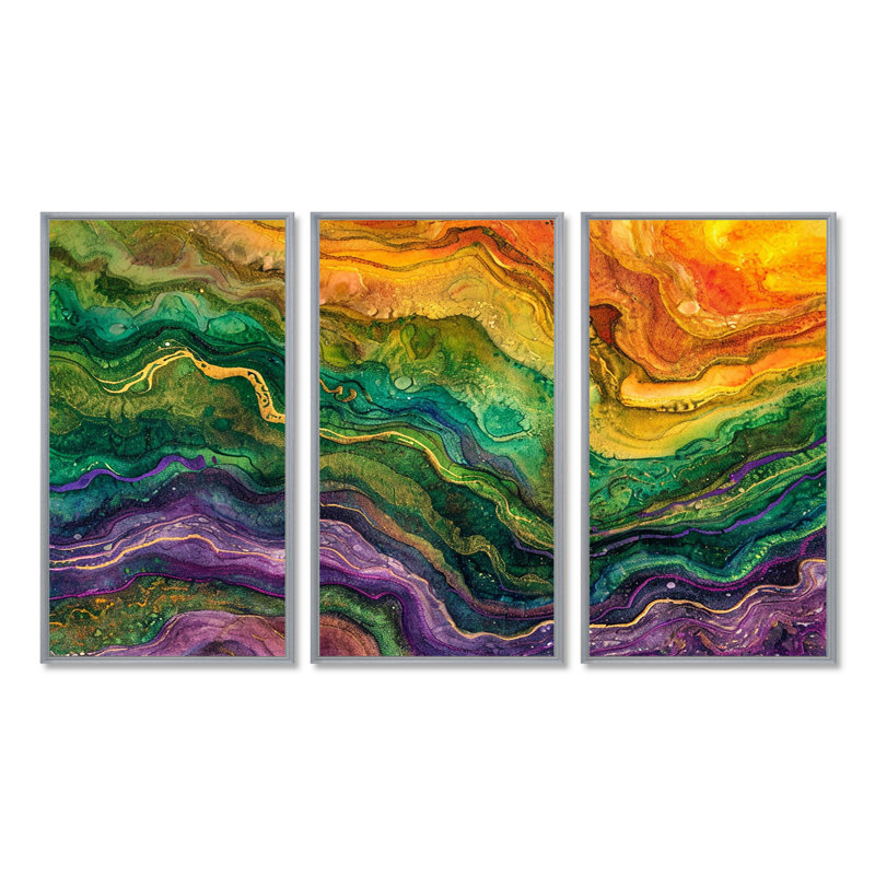 Rainbow Stone Structure Waves - ensemble d'impression d'art mural en marbre, Encadrement argenté, H 32 po x l 48 po x P 1 po