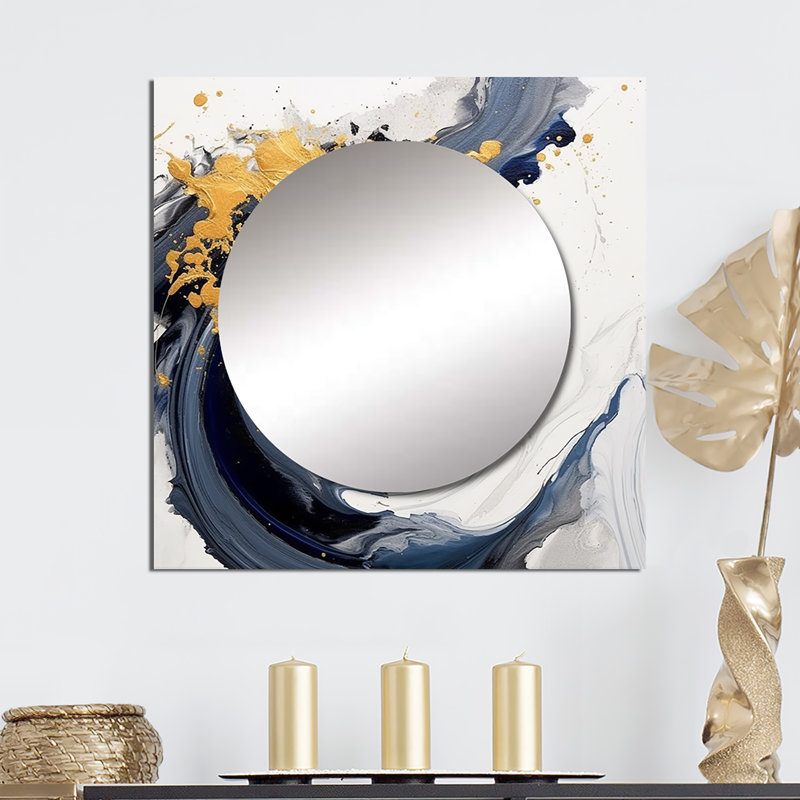 Braxdyn - Dark Blue and Gold Spiral V Abstract Spirals Square Living Room Wall Mirror Art, 36" x 36"