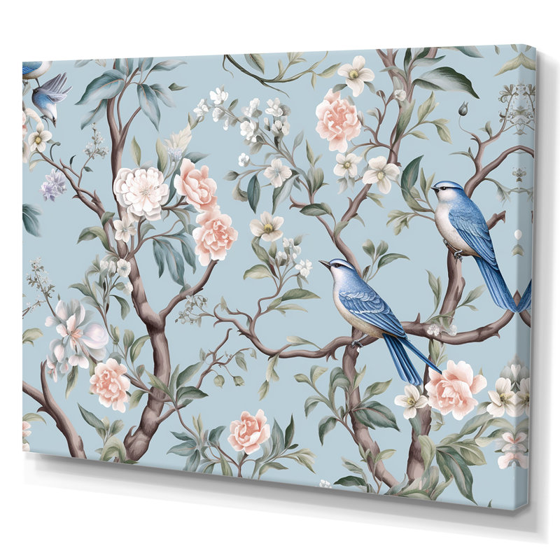 Elegant Blue and Pink Bird Canvas Print with Wooden Frame
