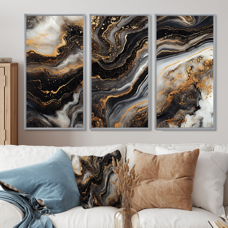 Ensemble de salon Glam Gold Flows Black Agate - Marble Wall Art, Encadrement argenté, H 32 po x l 48 po x P 1 po