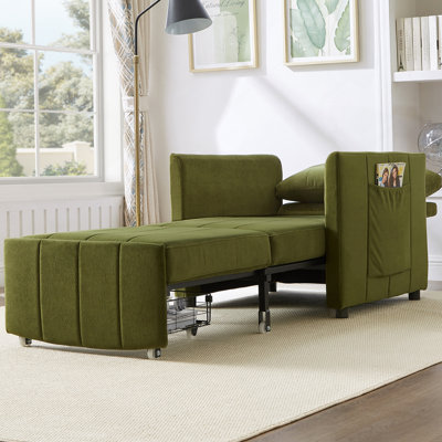 Upholstered Convertible Sleeper Sofa, 31.5 Inch Pull Out Bed With 5-Position Adjustable Backrest, Side Pockets And Storage Basket, Ideal For Small Spaces And Guest Accommodation